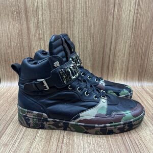 MOSCHINO LOGO LEATHER HIGH-TOP SNEAKERS BLACK CAMO BUCKLES MEN'S SIZE EU 42 US 9